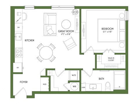 A floor plan of a house with a kitchen, foyer, bath, and bedroom.